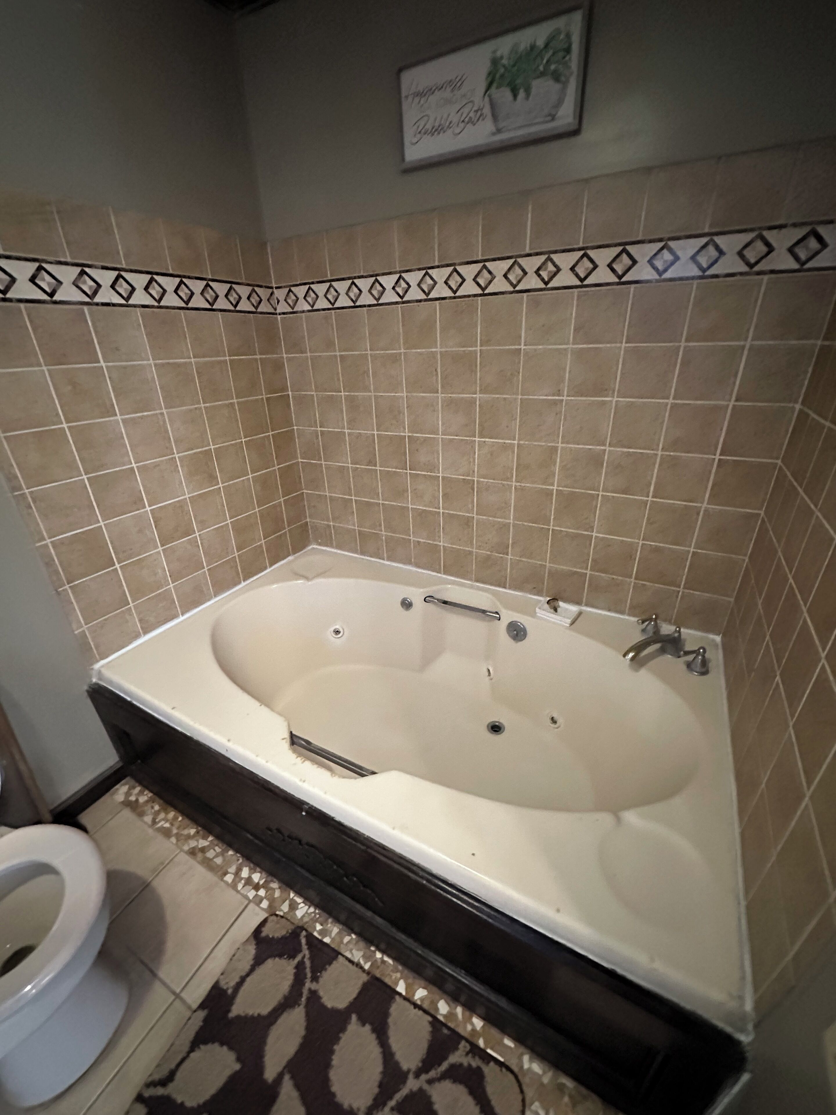Une salle de bain avec une grande baignoire, des toilettes et un tapis à motifs.