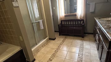 Jetted bath, hair dryer, towels, soap