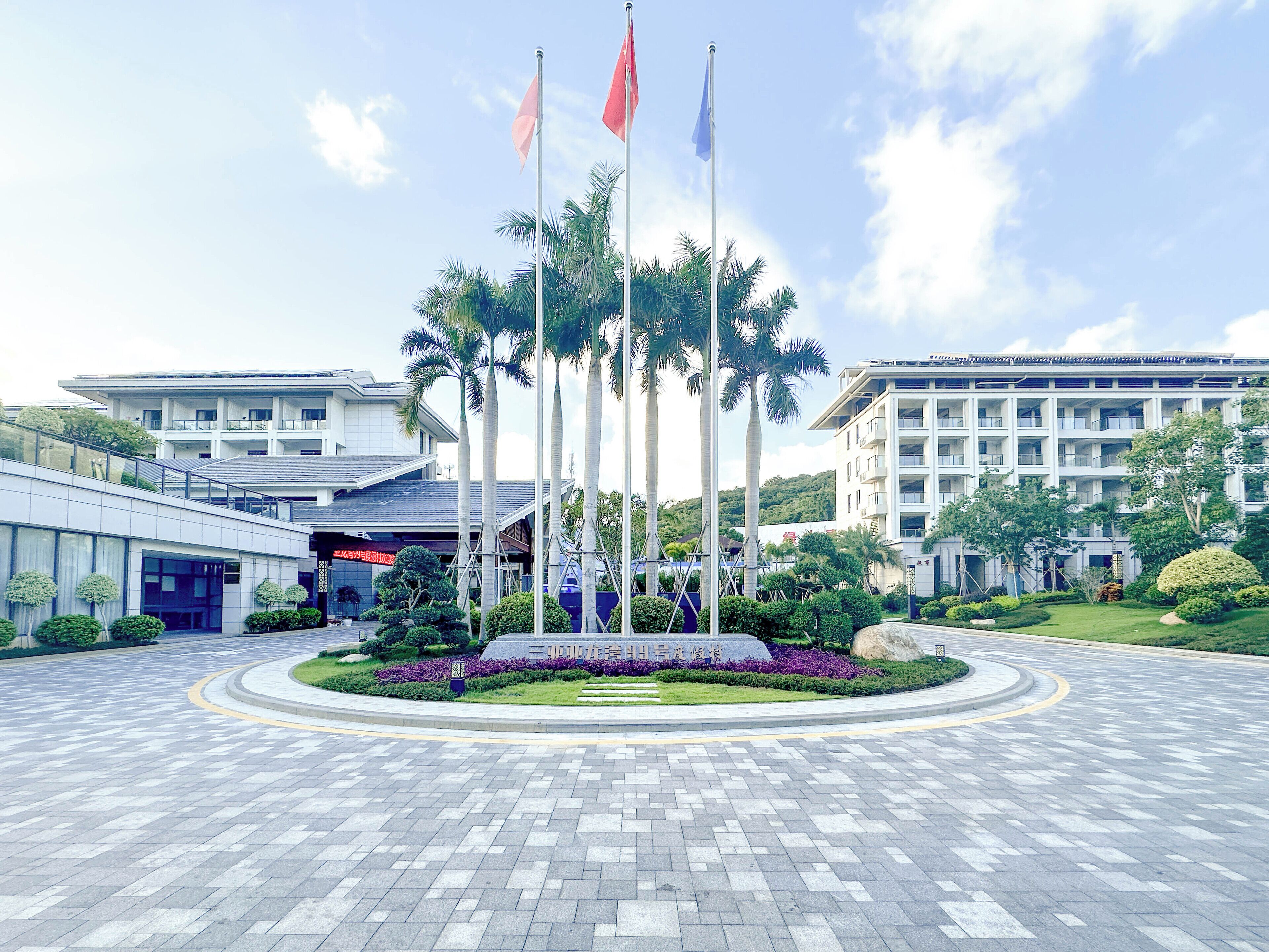 A hotel entrance with a paved driveway, palm trees, and flags.