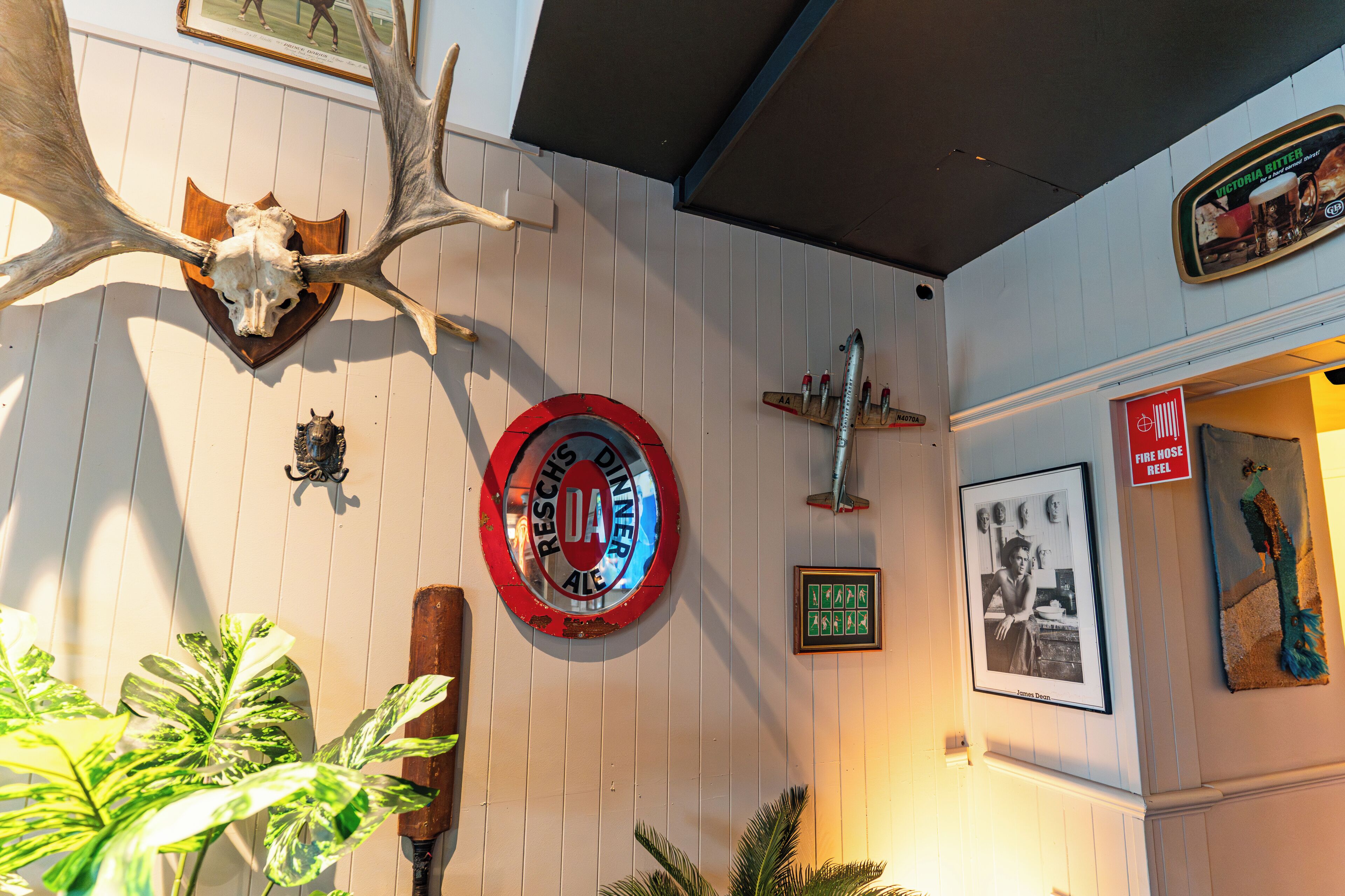 A wall with a mounted deer head, a framed picture, and a framed menu.