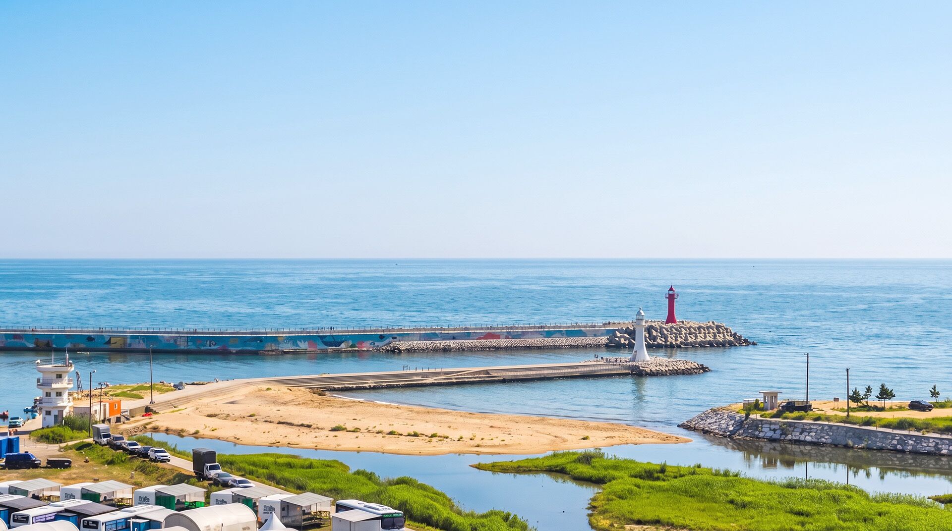 A coastal area with a lighthouse, a pier, and a sandy beach.