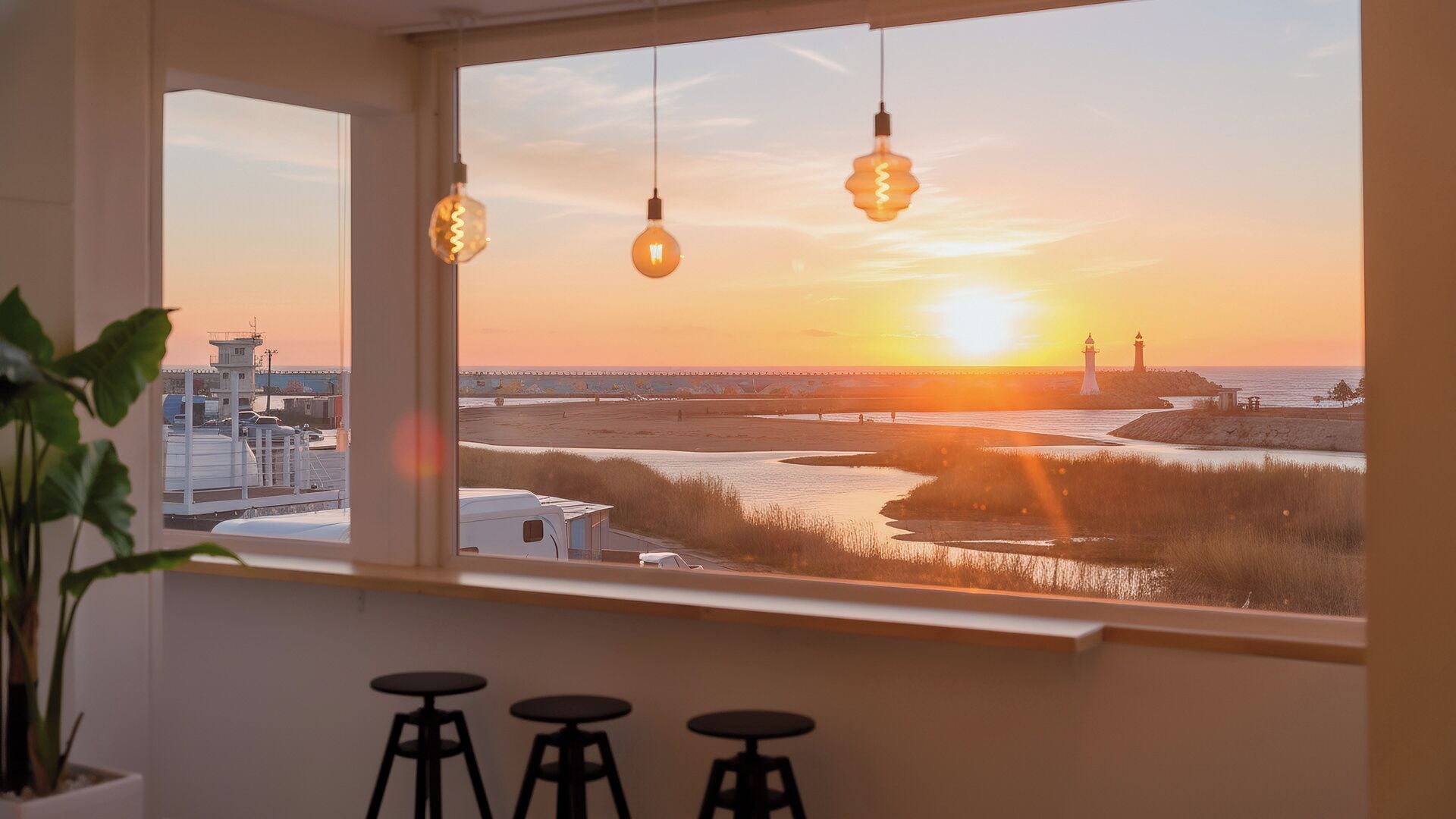 A room with a large window overlooking a sunset, a plant, and three stools.
