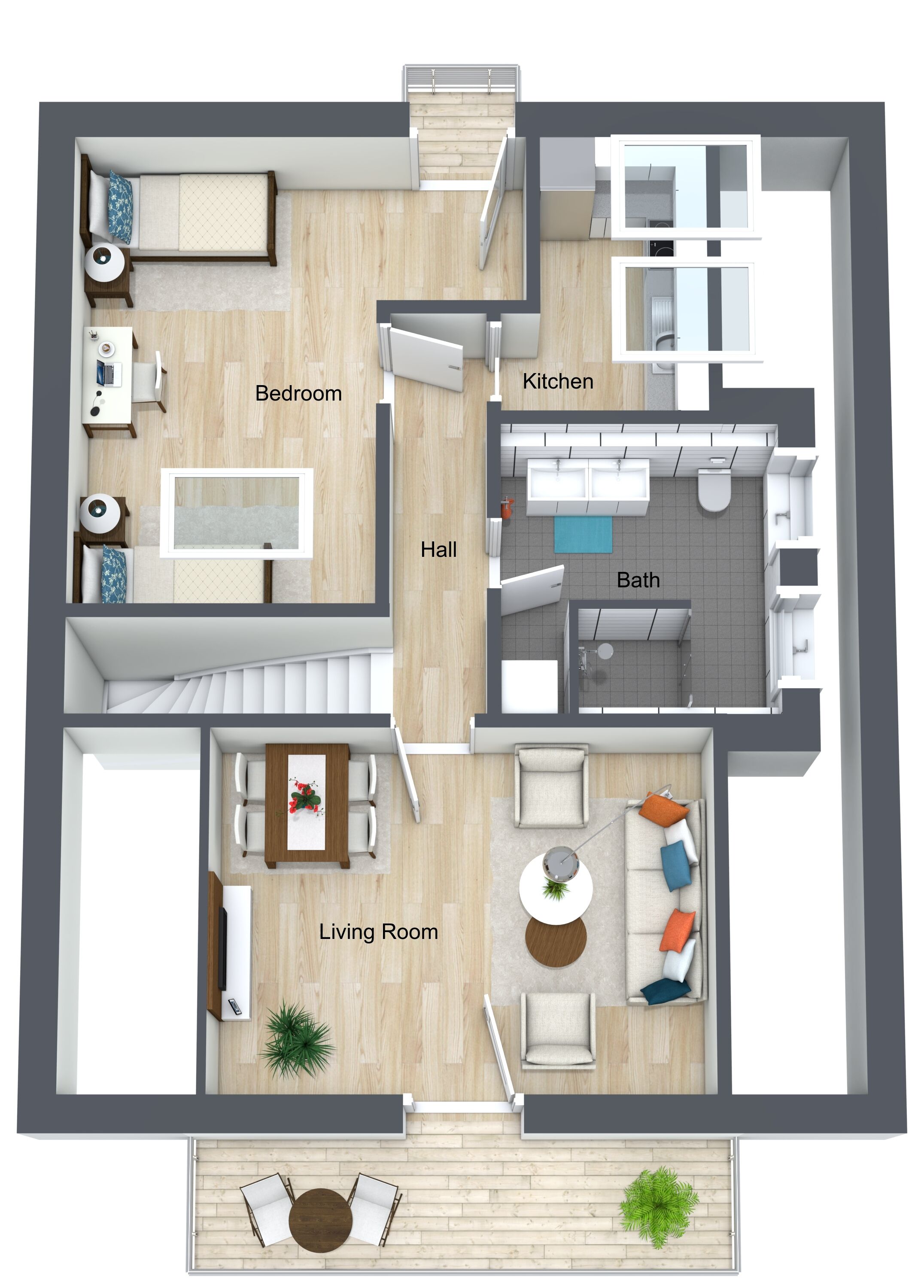 A 2D floor plan of a modern apartment with a bedroom, kitchen, living room, bathroom, and a small balcony.