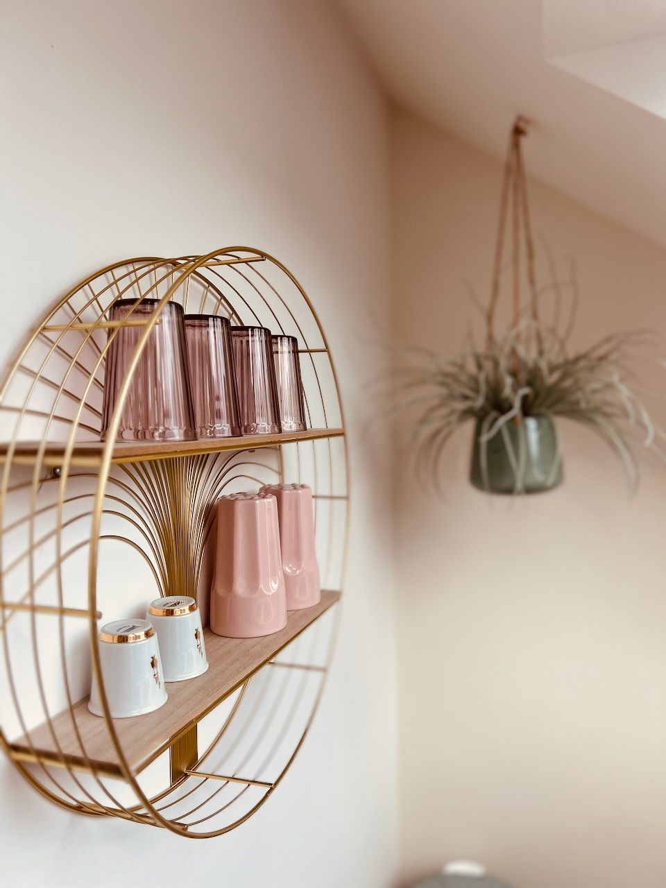Une étagère murale agrémentée d’objets décoratifs et d’une plante suspendue.