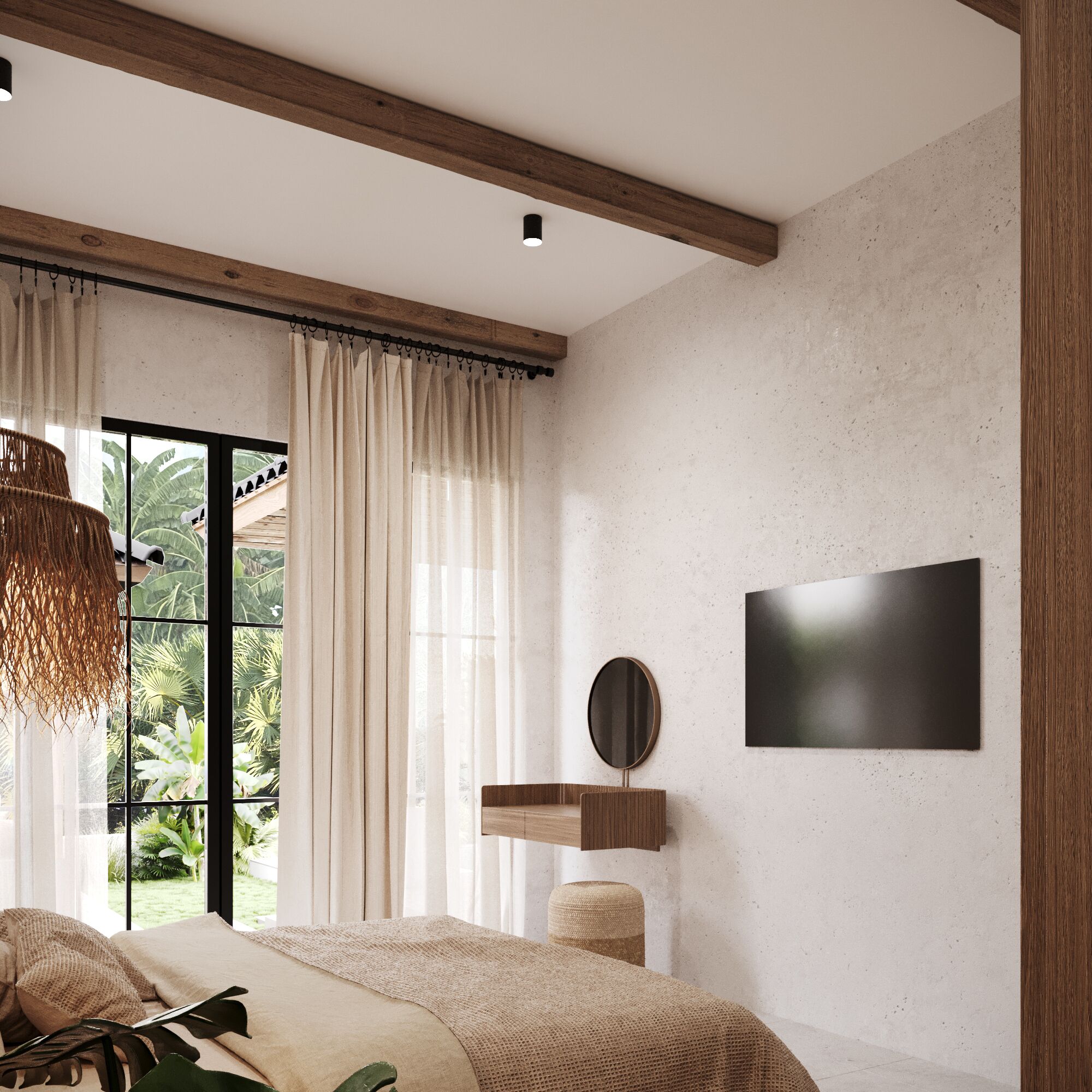 Une chambre moderne avec une grande fenêtre, un lit, un luminaire suspendu, un téléviseur fixé au mur et une petite étagère en bois.