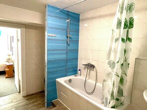 Hair dryer, towels, soap, toilet paper