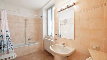 Combined shower/bathtub, hair dryer, bidet, towels
