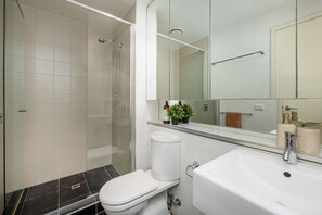 Shower, hair dryer, towels
