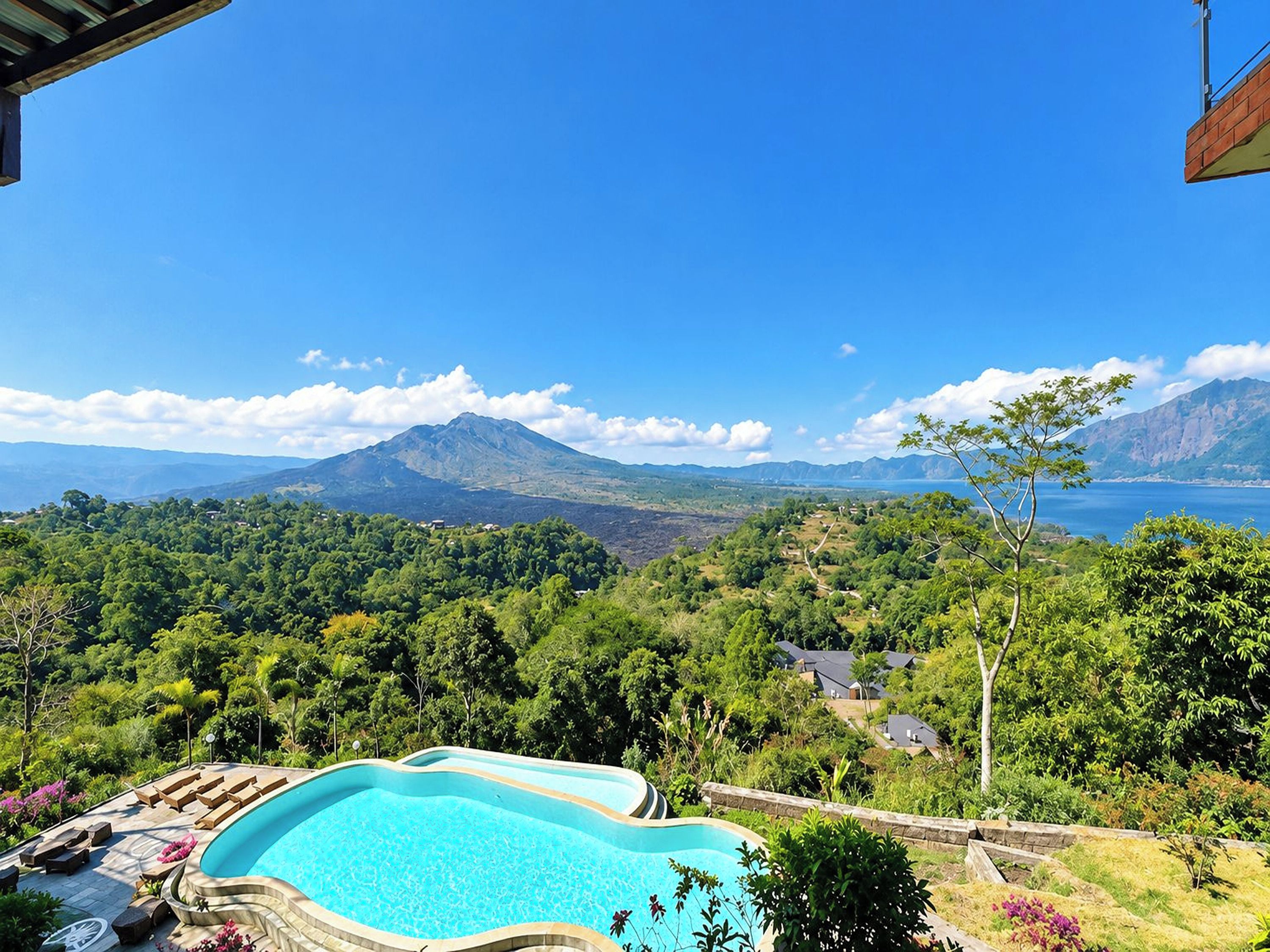 A swimming pool with a view of a mountain and a body of water.