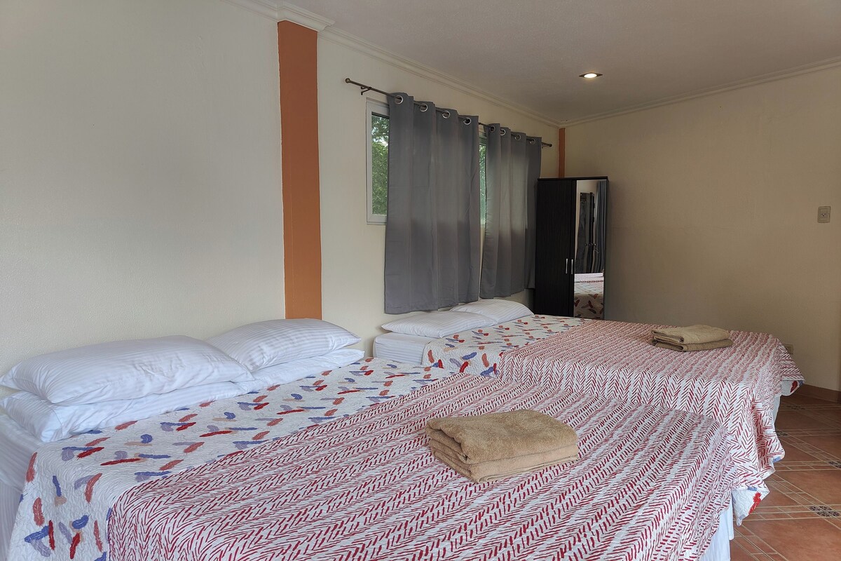A hotel room with a large bed, two pillows, a blanket, and a towel on the bed.