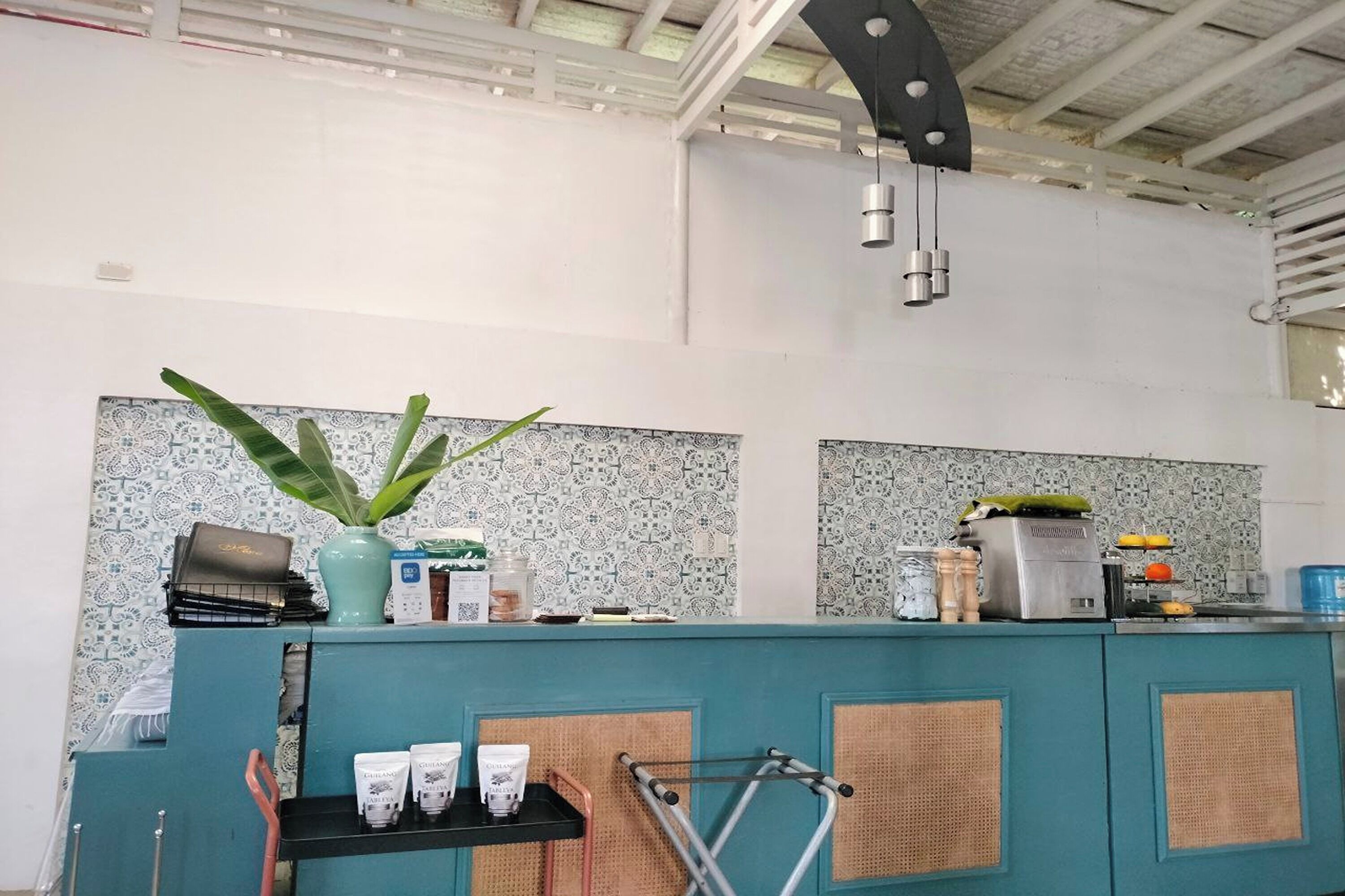 Un coin cuisine avec un comptoir de couleur turquoise, une plante et divers appareils de cuisine.
