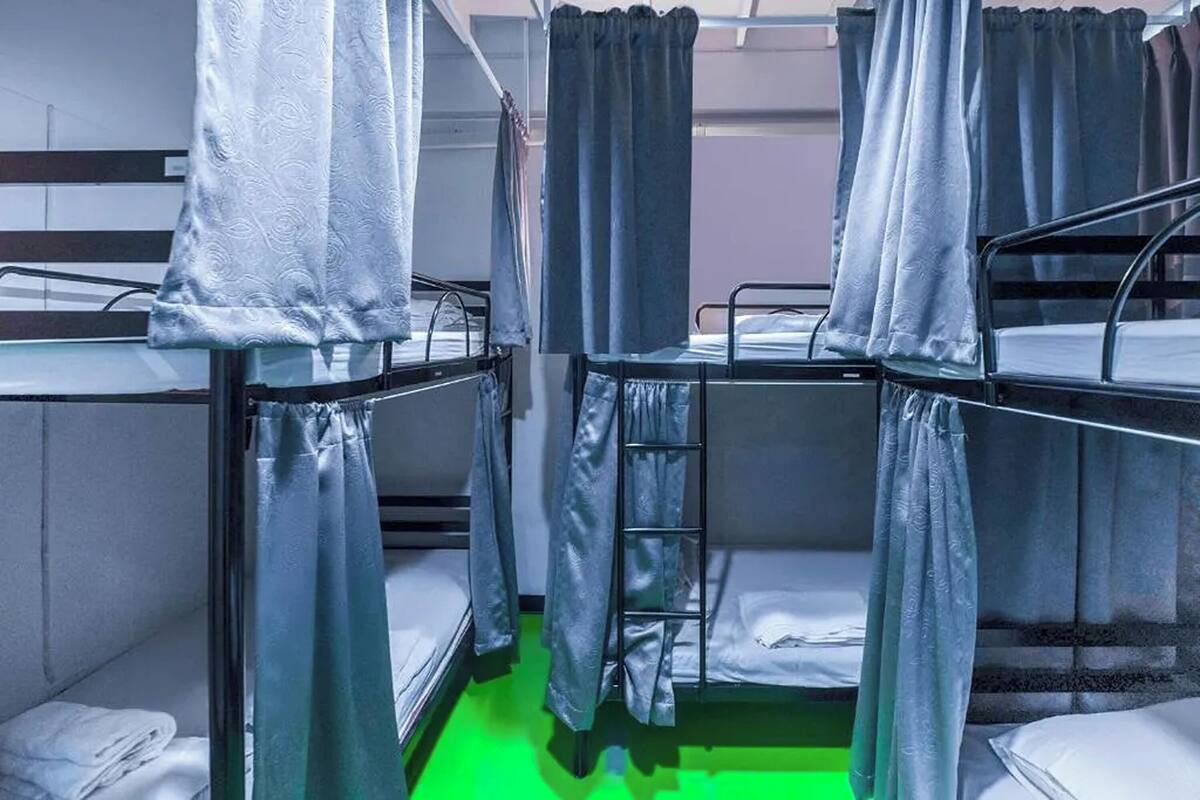 A dormitory room with bunk beds, each with a curtain, a ladder, and a neatly made bed.