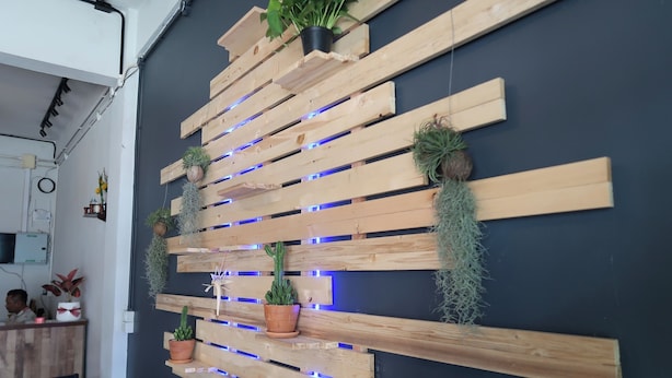 A wall with wooden slats and potted plants. - Bed Station Hostel Krabi (Krabi)