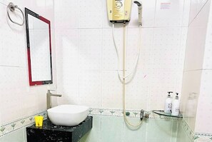 Shower, rainfall showerhead, hair dryer, slippers