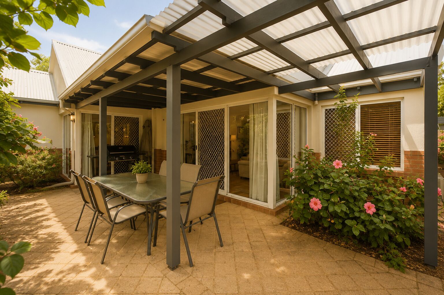 A covered patio with a table and chairs, a grill, and a view of the house.