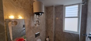 Shower, bidet, towels, soap