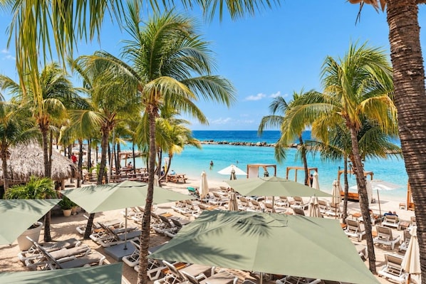 A beach resort with lounge chairs, umbrellas, and palm trees.
