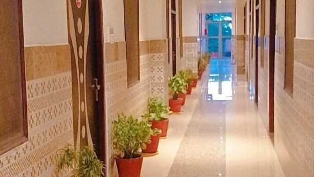 A long, well-lit hallway with potted plants on either side, leading to a bright room at the end. - The Mansarovar Palace (Faizabad)