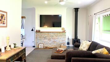 TV connectée, cheminée, livres