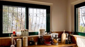 A kitchen with large windows, a wooden countertop, and various kitchen appliances. - House with pool in the open countryside - At Aunt Daniela's House, Oasis in Silence. (Polesio)