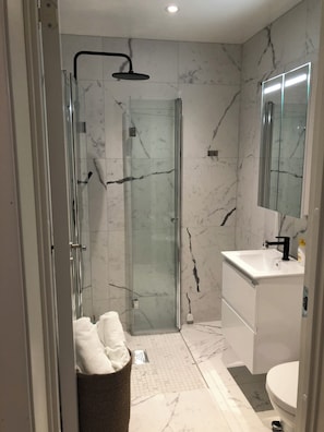 Shower, hair dryer, towels, soap