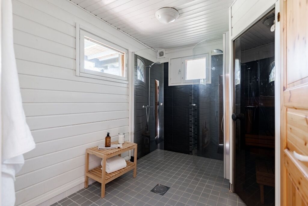 Shower, hair dryer, toilet paper