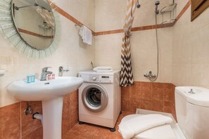 Hair dryer, towels, soap, toilet paper