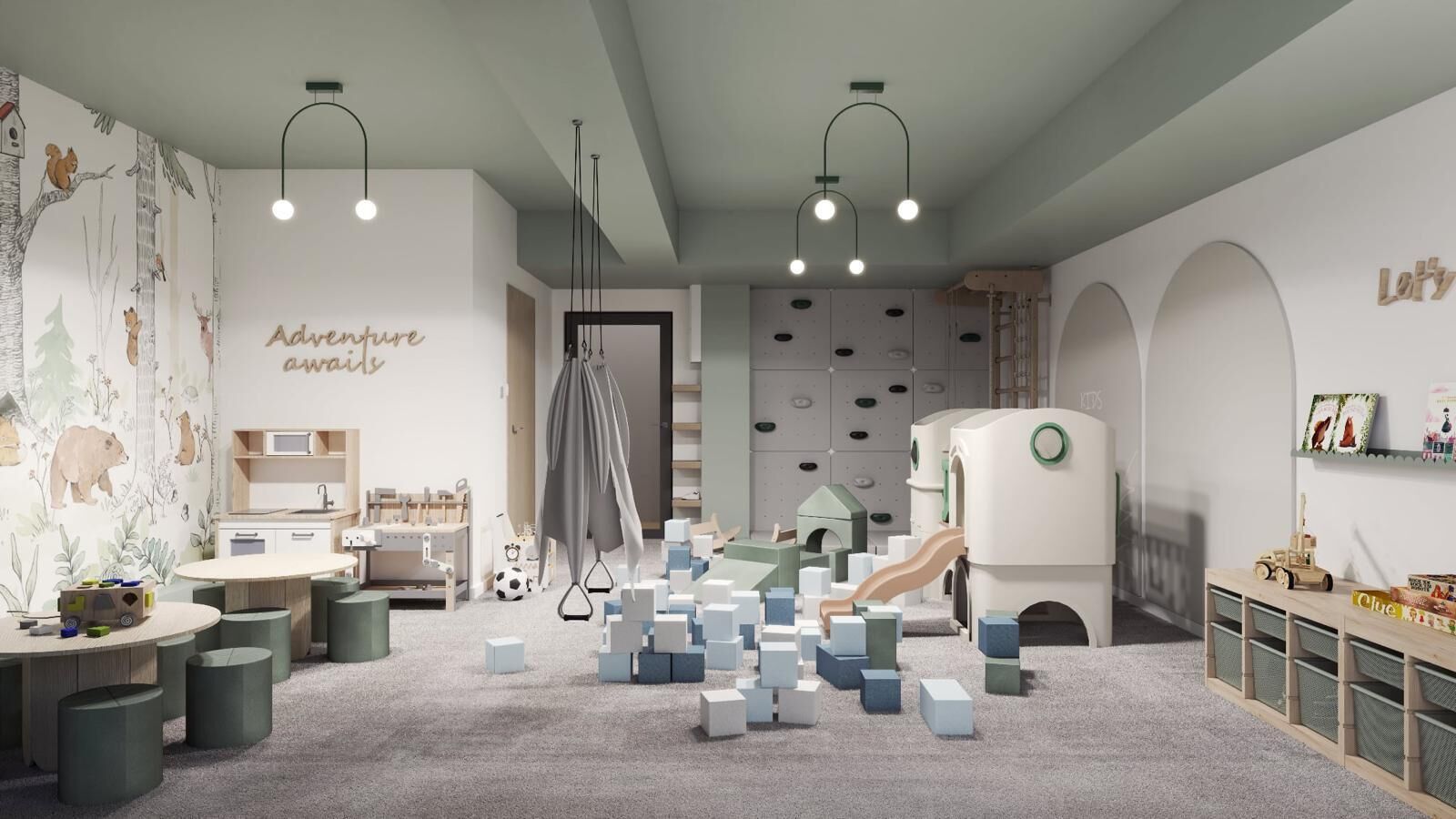 A children's playroom with a playhouse, climbing wall, and various play structures.