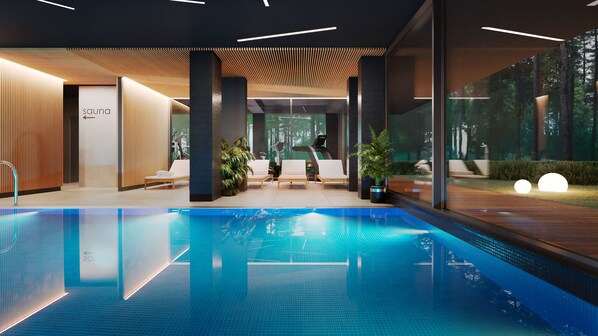 Een binnenzwembad, een buitenzwembad en ligstoelen