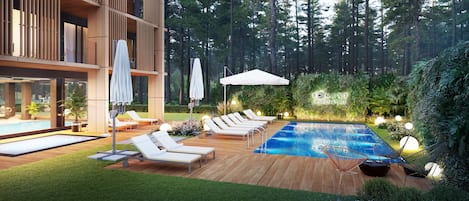 Inomhuspool och utomhuspool, öppettider: 07.00 till 21.00, och solstolar