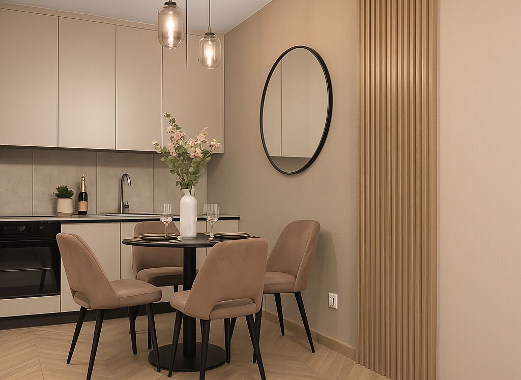 A modern kitchen with a dining area, featuring a round table with chairs, a wine bottle, and a vase with flowers.