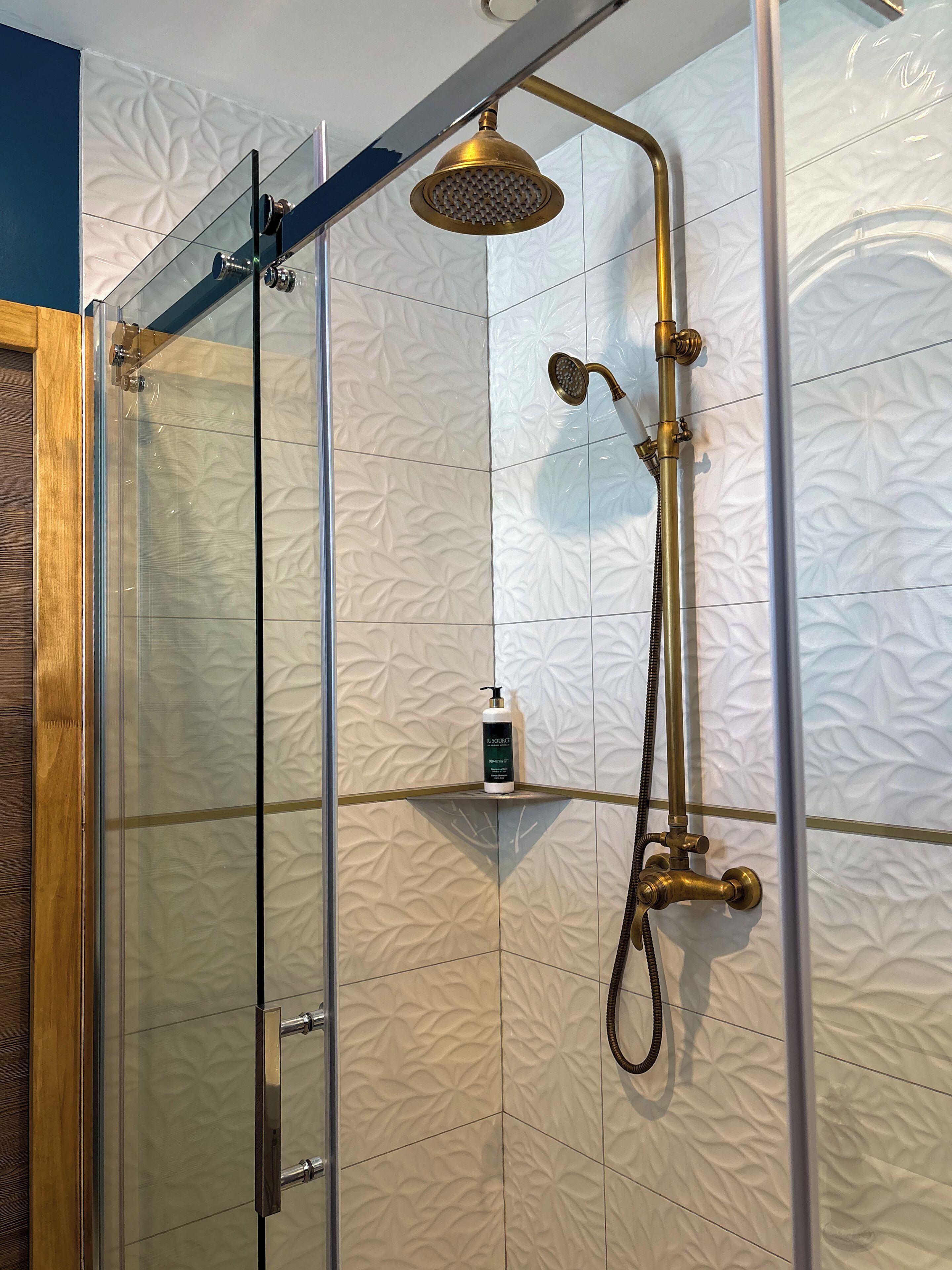 Een douche met glazen wand, een handdouche en een extra douchestraal.