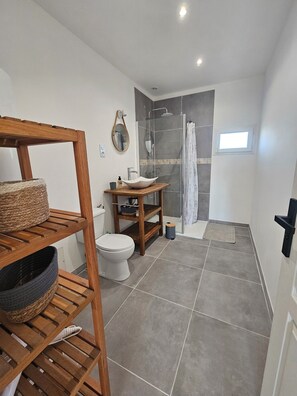 Shower, hair dryer, soap, toilet paper