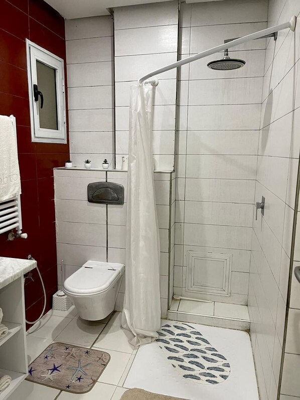 Une petite salle de bain compacte, équipée d’une douche, de toilettes et d’un lavabo.