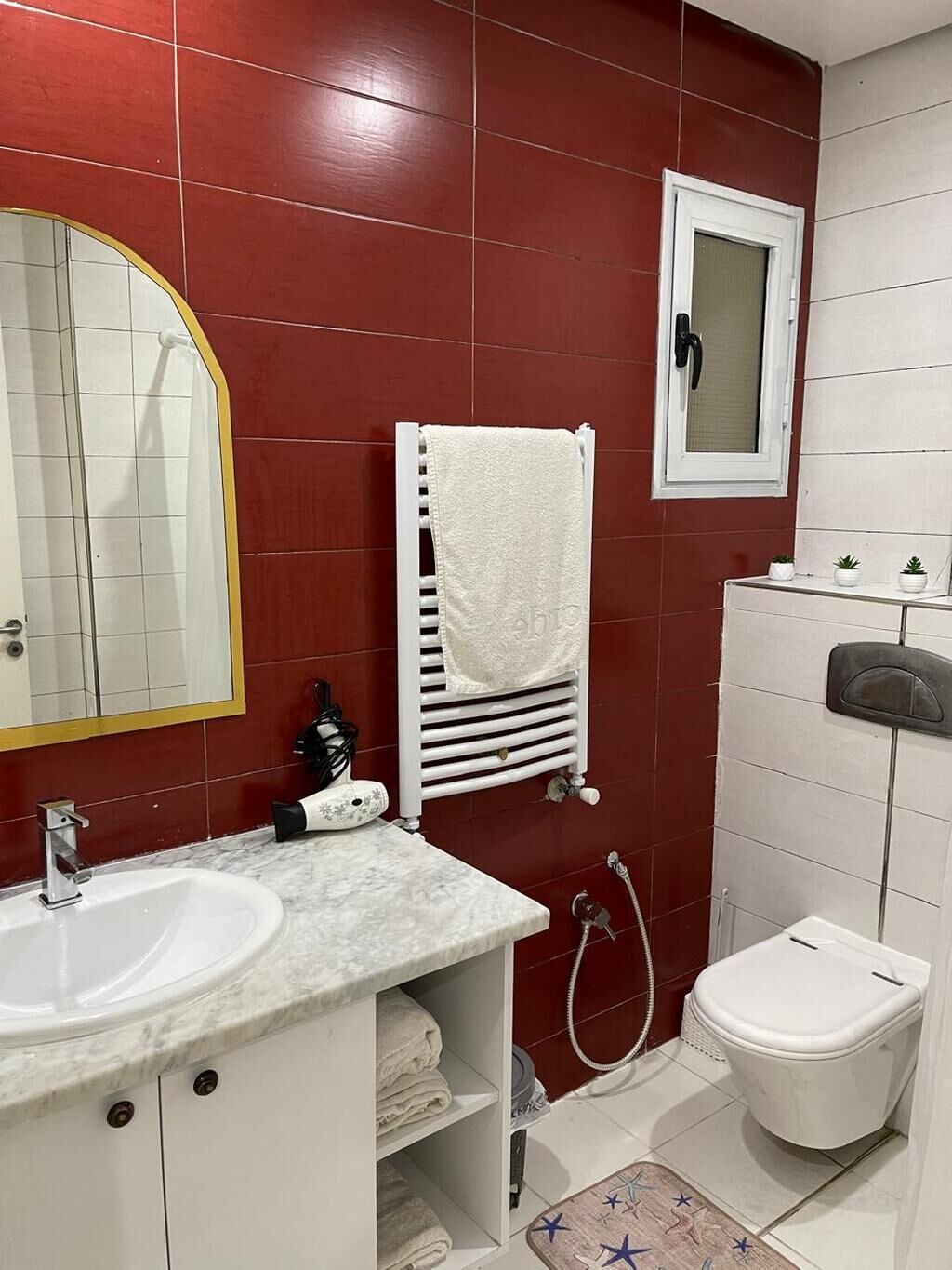 A bathroom with a white sink, a mirror, a towel rack, a toilet, and a shower.