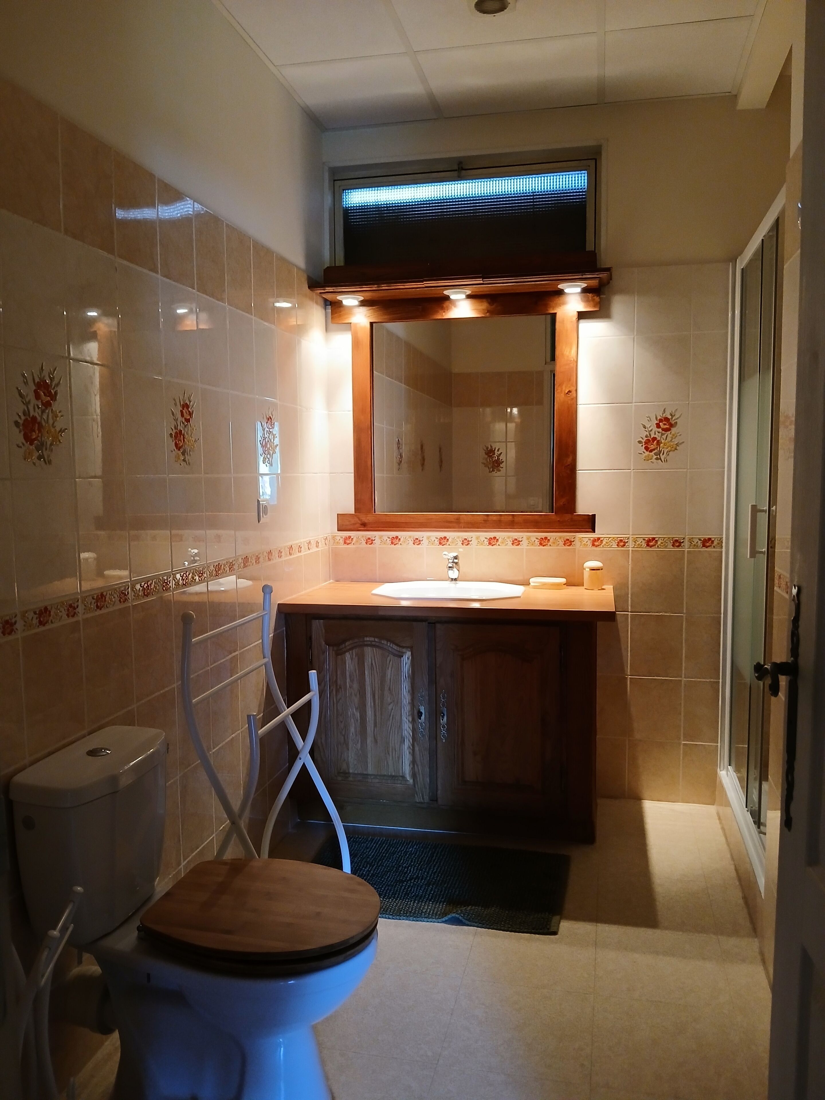 A bathroom with a wooden vanity, a toilet, and a shower area.