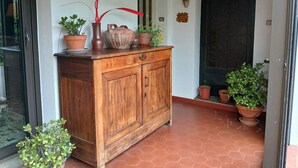 Un mobile in legno con piante in vaso, un piatto decorativo e una porta con cancello in metallo.