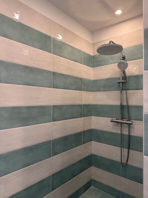 Shower, hair dryer, bidet, towels