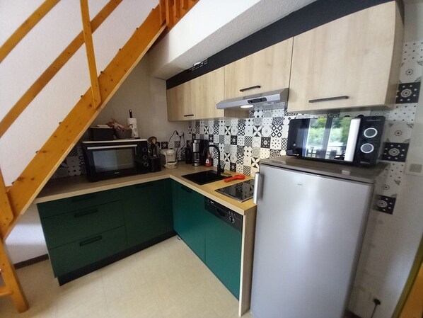 Fridge, microwave, dishwasher