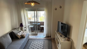 A living room with a sofa, TV, and a patterned rug. - Casa da Praceta (Porto)