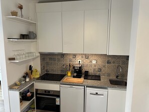 Microwave, stovetop, dishwasher, electric kettle