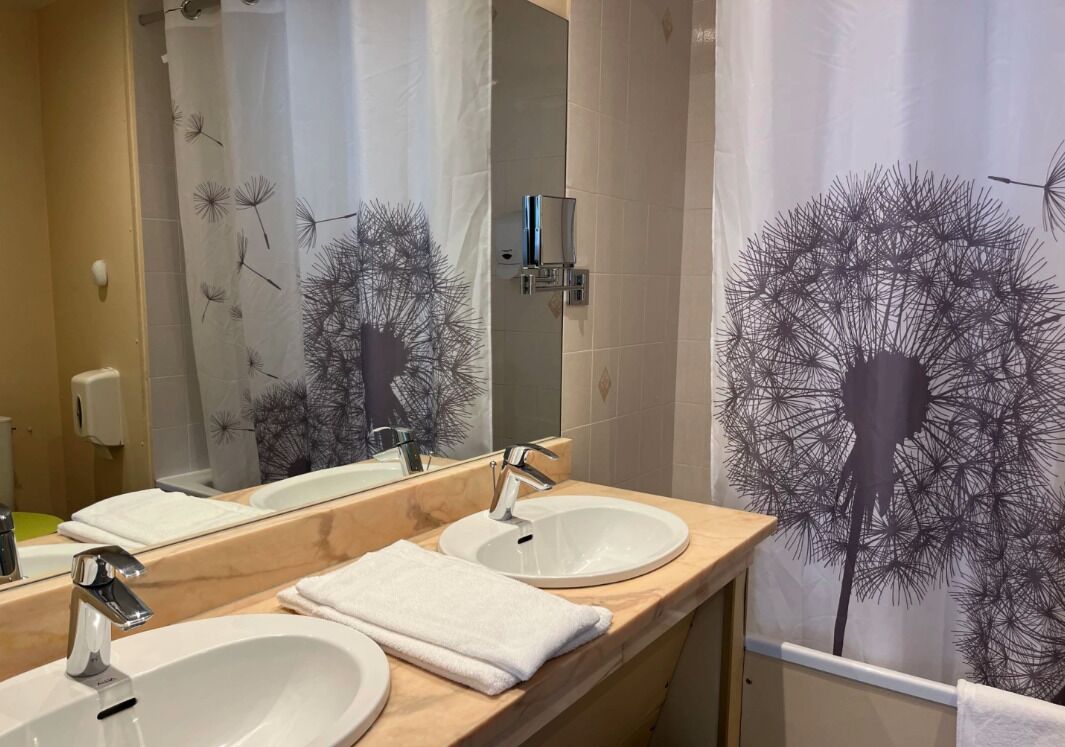 A bathroom with two sinks, a mirror, and a shower curtain with a dandelion pattern.