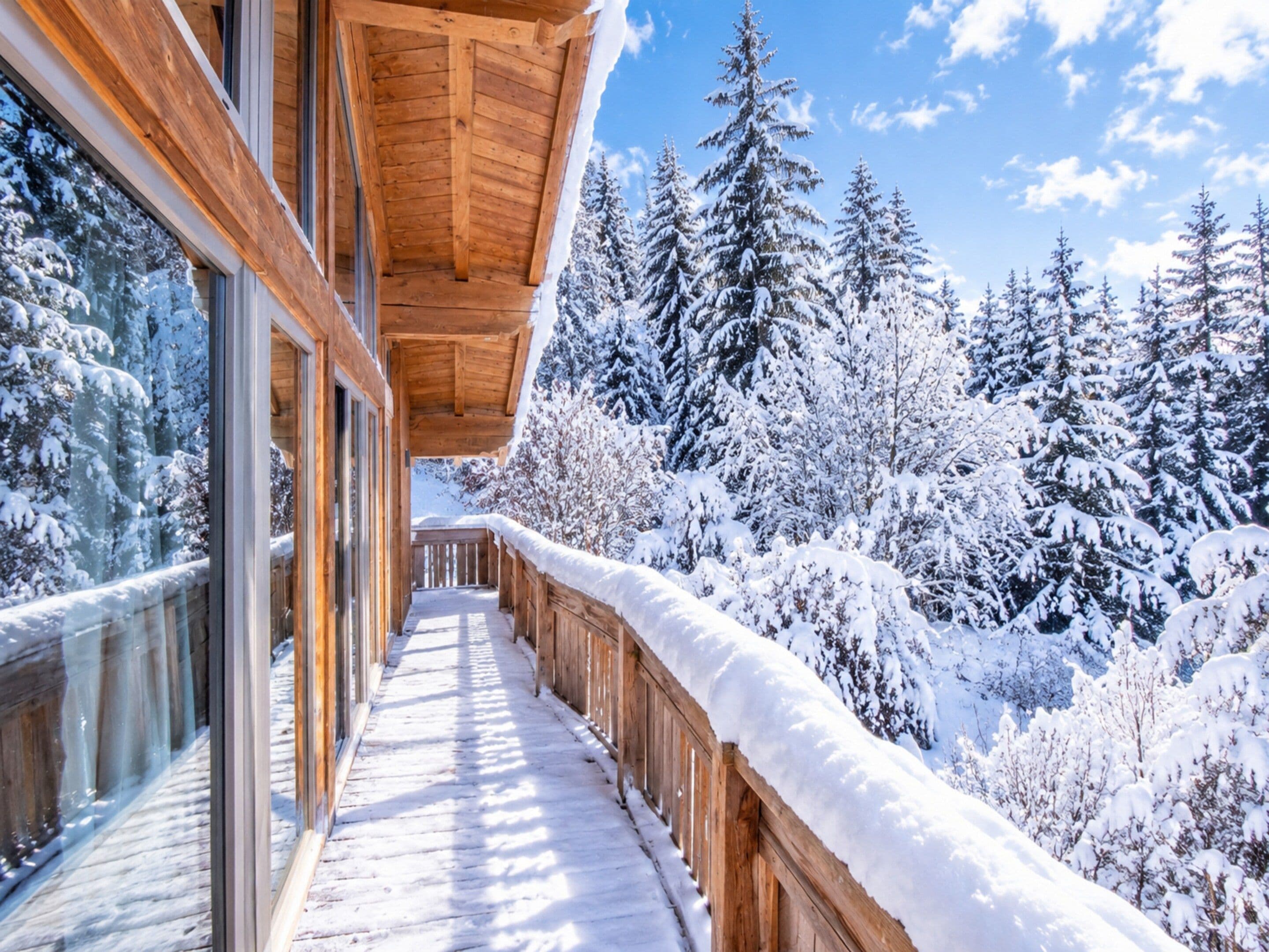 Un bâtiment en bois avec une allée couverte menant à une porte en verre, entouré d’arbres couverts de neige.