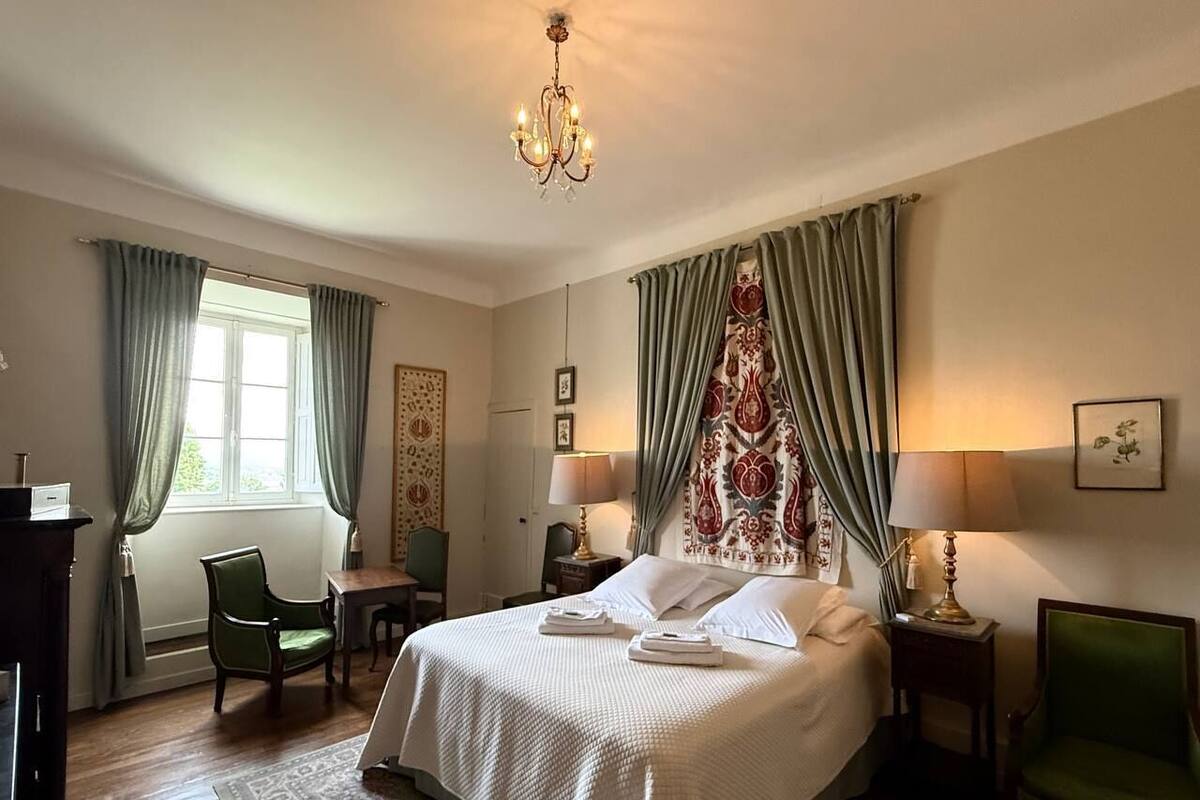 Una habitación de hotel con una cama grande, dos sillas, un escritorio y una araña.