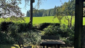A rustic outdoor seating area with a wooden bench and chair, surrounded by lush greenery and a clear view of a green field.