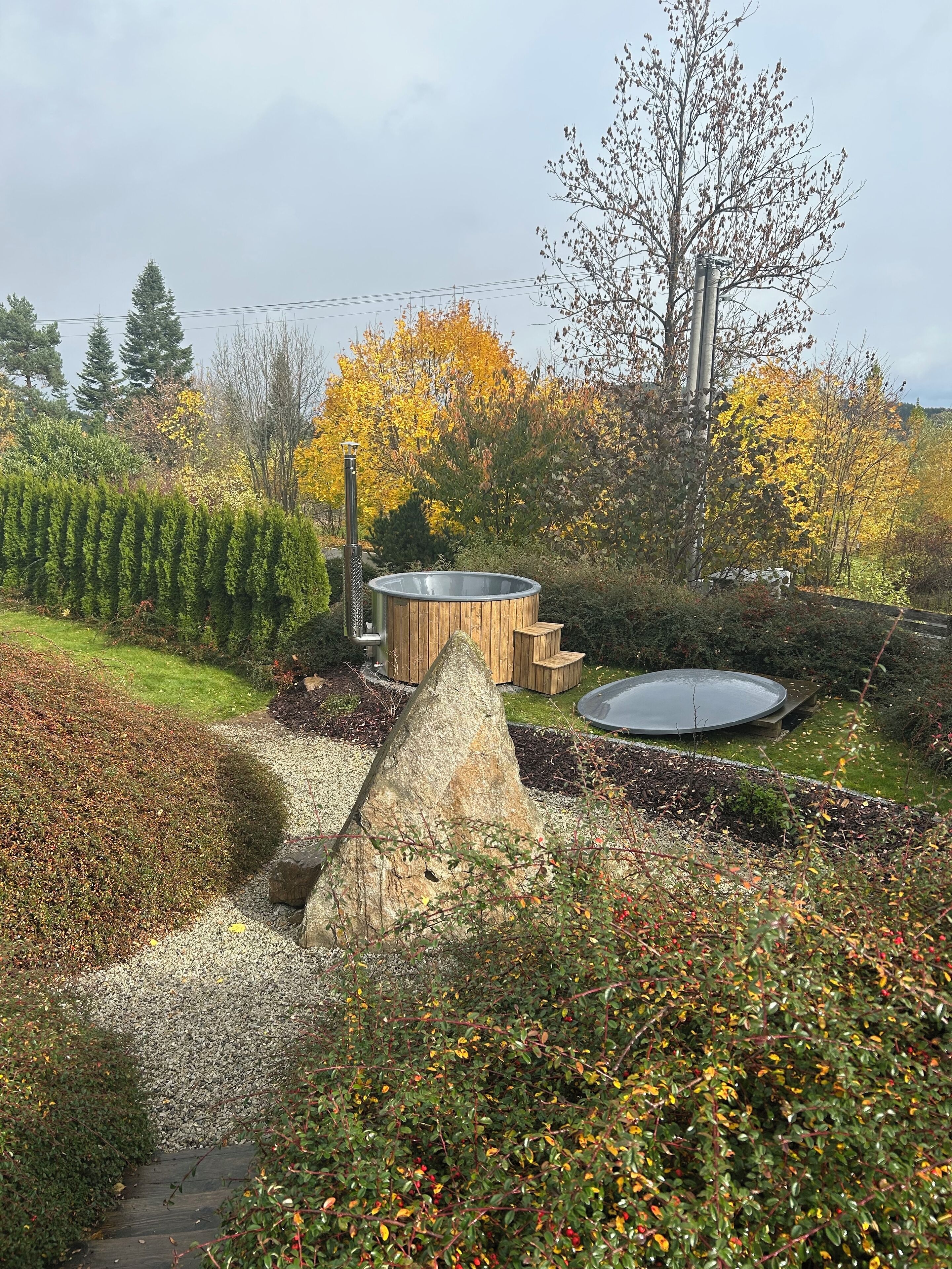 Un jardin avec un jacuzzi, une formation rocheuse et un étang.