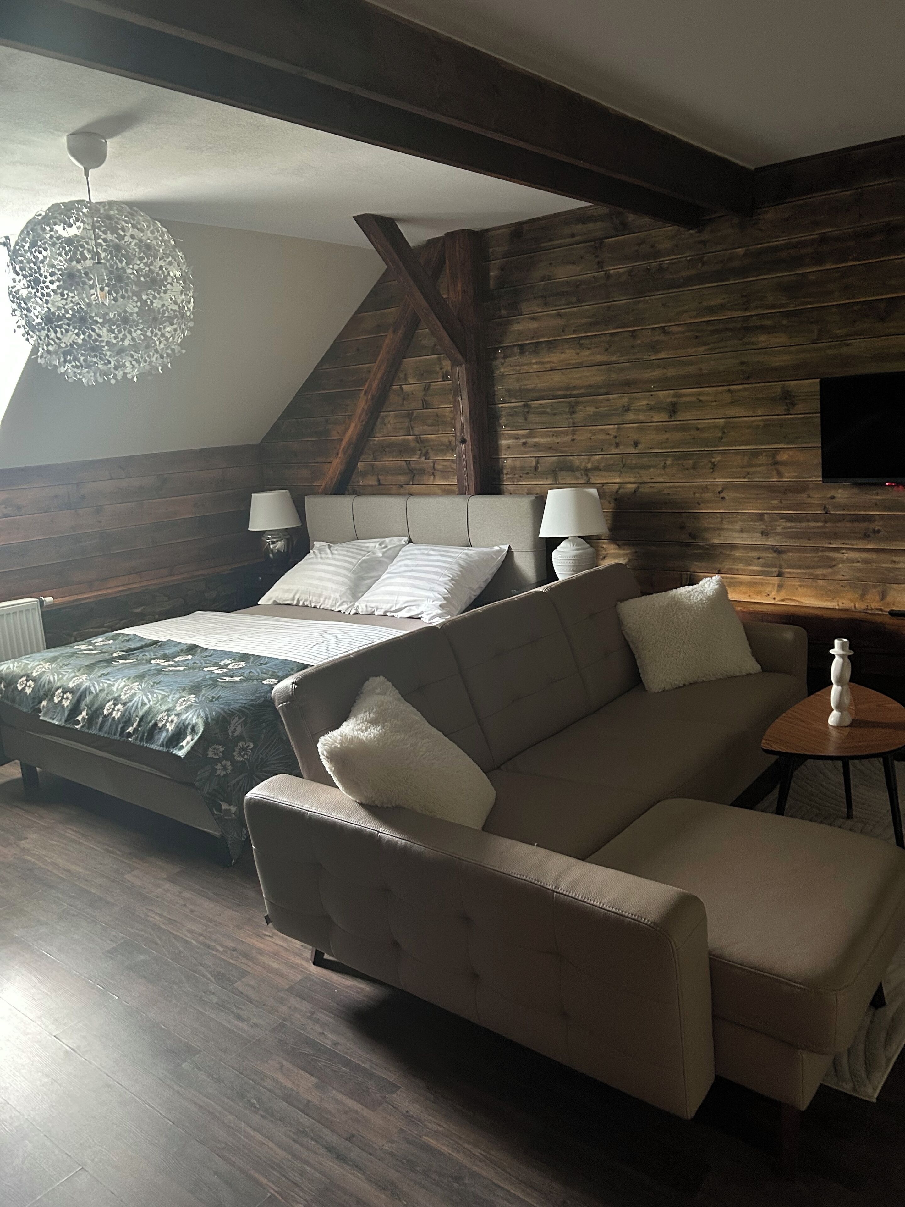 Smart-tv, eldstad och böcker