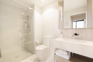 Shower, hair dryer, towels