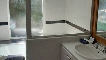 Comfort Double or Twin Room | Bathroom | Combined shower/tub, hair dryer, towels, soap