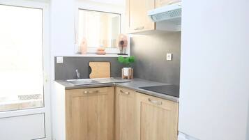 Fridge, microwave, stovetop, espresso maker